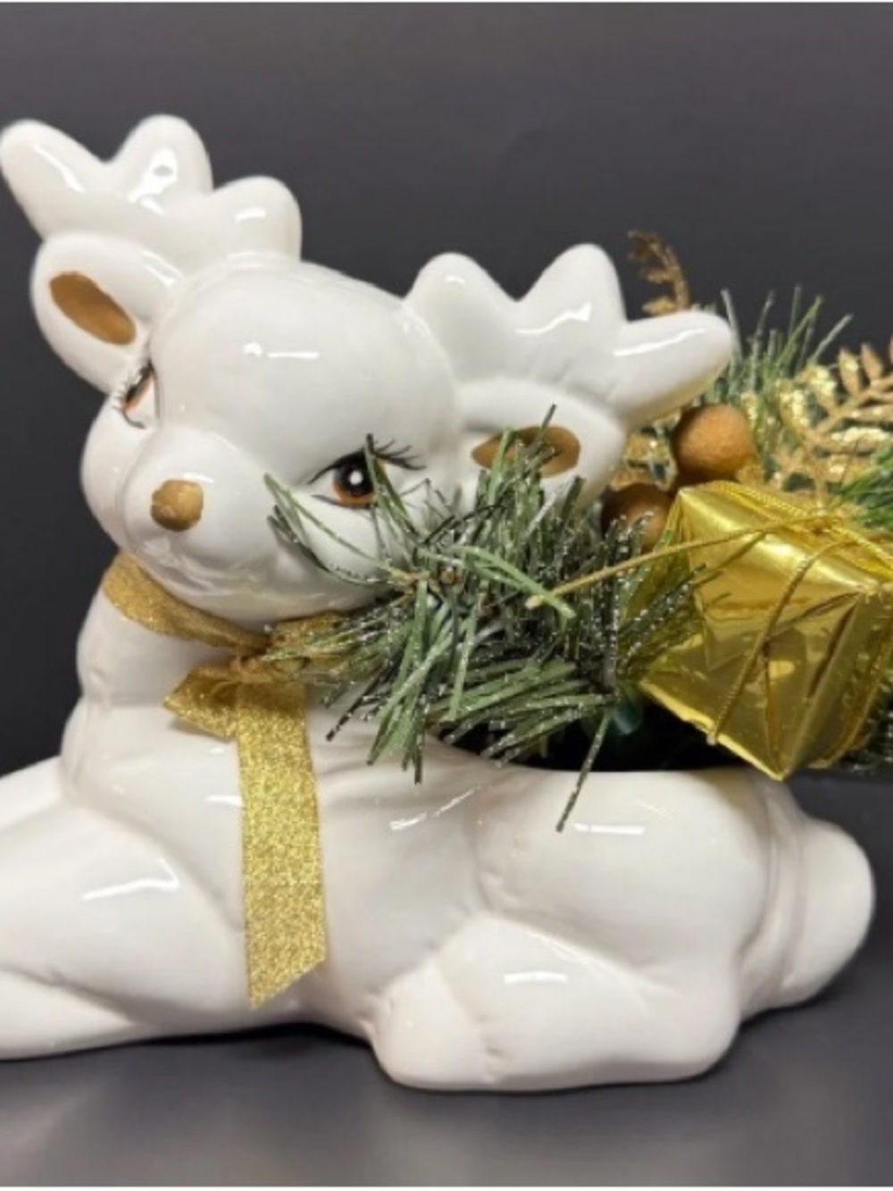 White Ceramic Reindeer Holiday Figurine with Gold Accents